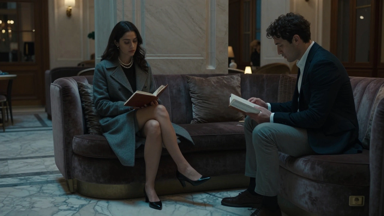 A woman and man sitting calmly in a hotel lobby, reading and respecting personal space.