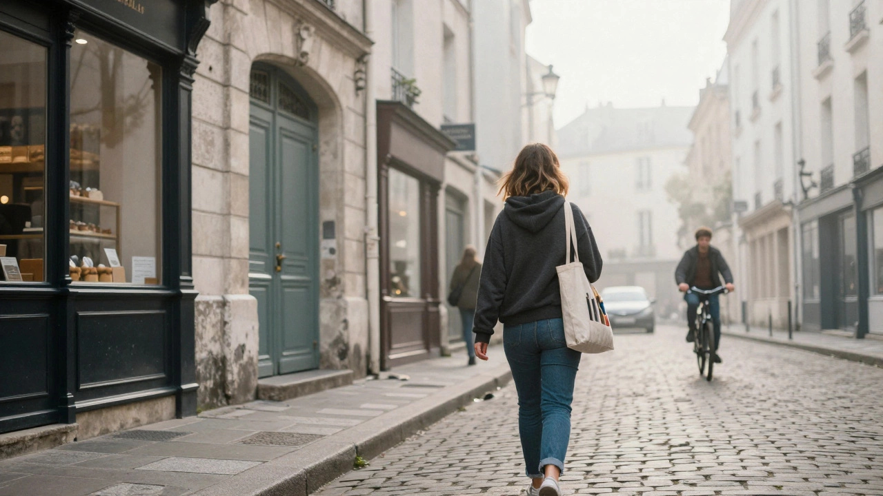 A woman walking through a misty Paris alley with art supplies, blending into the morning city.
